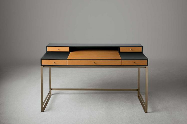 Proust writing desk in Black Oak finish with bronze metal finish details