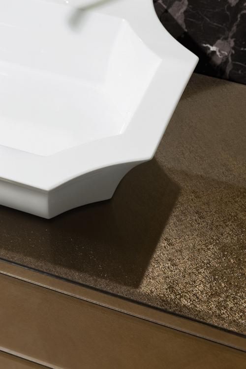 Daphne vanity unit, Saffiano glass, gold details