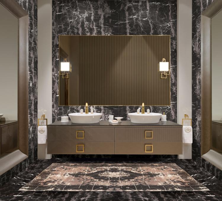 Daphne vanity unit, Saffiano glass, gold details