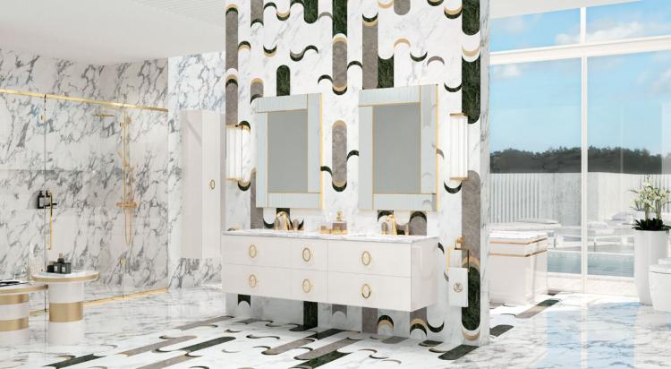 Daphne vanity unit, Bianco finish, Bianco Statuario marble, gold details