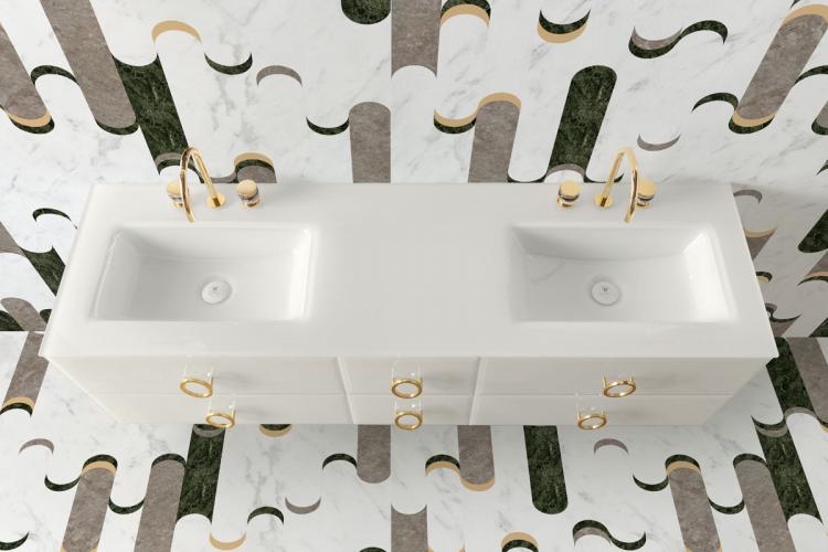 Daphne vanity unit, Bianco finish, integrated glass top, gold details