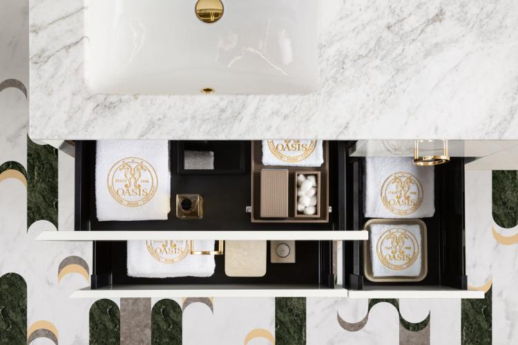 Daphne vanity unit, Bianco finish, Bianco Statuario marble, gold details