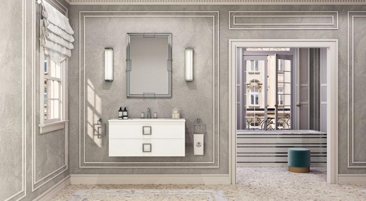 Daphne vanity unit, Bianco finish, Bianco Statuario marble, chrome details