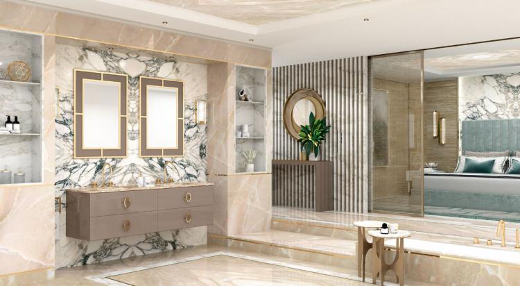 Daphne vanity unit, Vulcano finish, Emperador Light marble, gold details