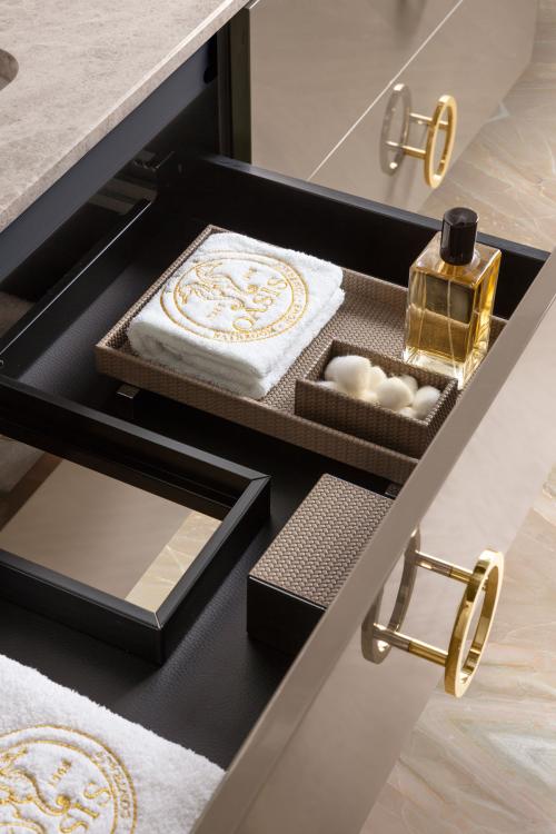 Daphne vanity unit, Vulcano finish, Emperador Light marble, gold details