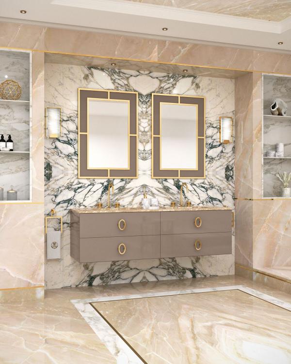 Daphne vanity unit, Vulcano finish, Emperador Light marble, gold details