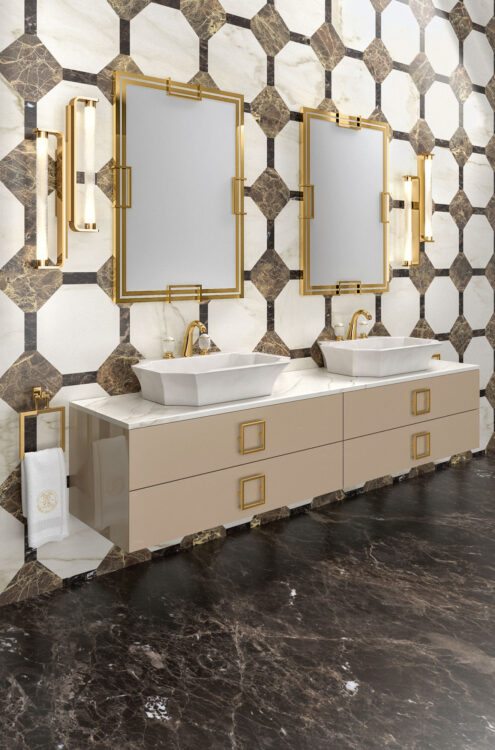 Тумба Daphne, отделка Lino, мрамор Calacatta Oro, золотые детали