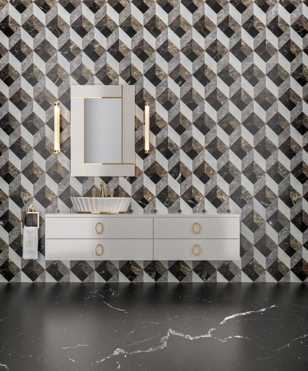 Daphne vanity unit, Prosecco finish, glass top, gold details