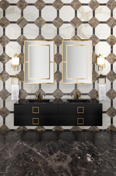 Daphne vanity unit, Black finish, integrated glass top, gold details