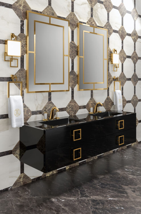 Тумба Daphne, чёрная отделка, встроенная стеклянная столешница, золотые детали