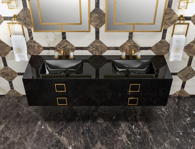 Daphne vanity unit, Black finish, integrated glass top, gold details
