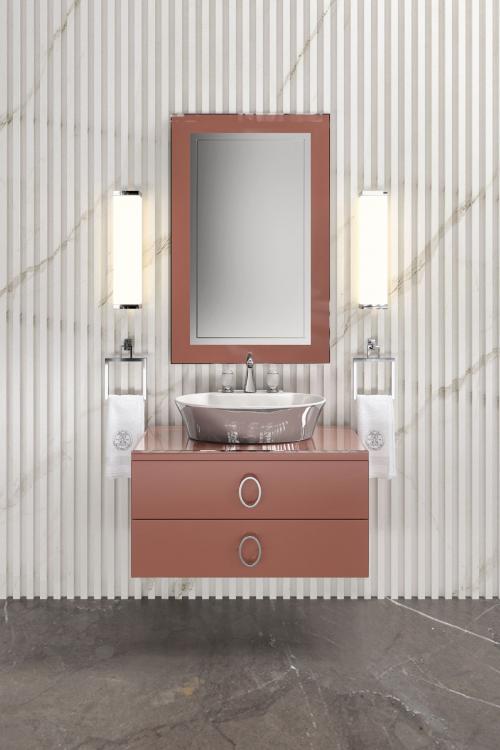 Daphne vanity unit, Marsala finish, Marsala glass top, Calla washbasin, Murano 3 wall lamp