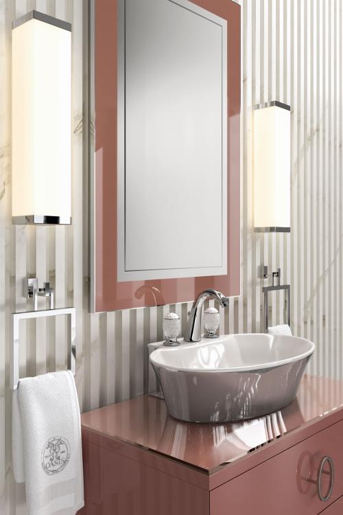 Daphne vanity unit, Marsala finish, Marsala glass top, Calla washbasin, Murano 3 wall lamp