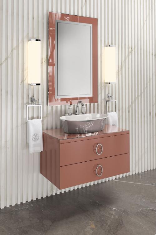 Daphne vanity unit, Marsala finish, Marsala glass top, Calla washbasin, Murano 3 wall lamp