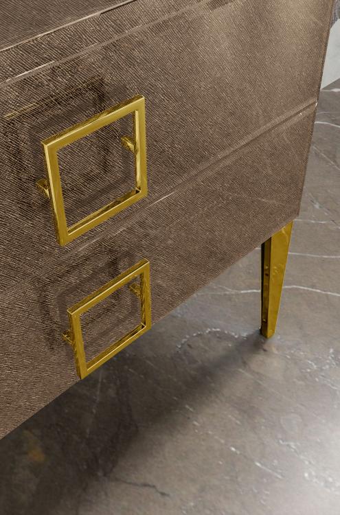 Daphne vanity unit, Saffiano glass, gold details