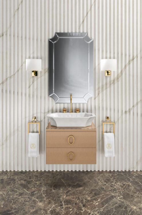 Тумба Daphne, отделка Bronze, стеклянная столешница Bronze, зеркало Narciso, настенный светильник Nelly