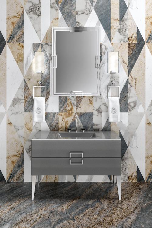 Daphne vanity unit, Avio finish, Avio glass top, Valentino mirror, Cleo wall lamp