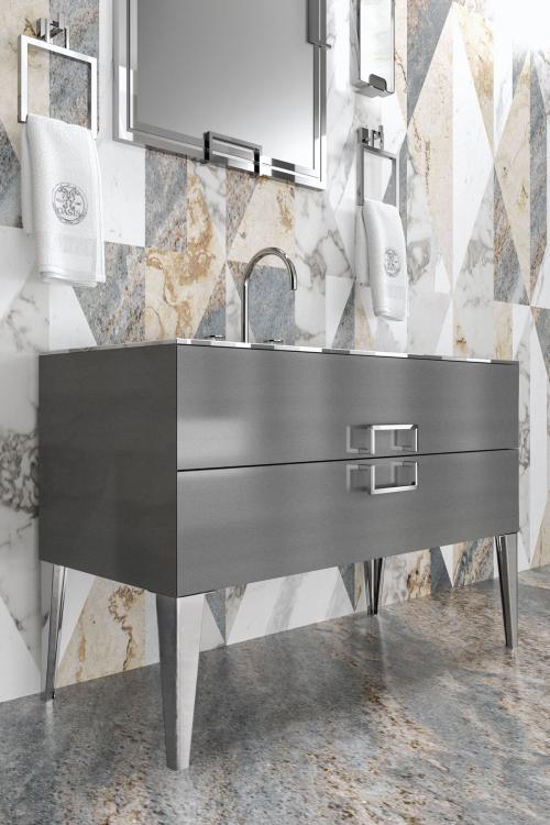 Daphne vanity unit, Avio finish, Avio glass top, Valentino mirror, chrome details