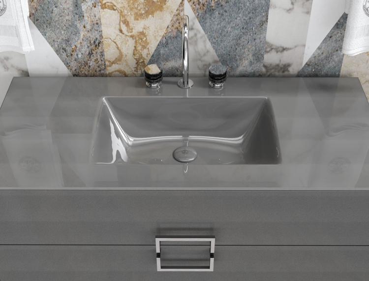 Daphne vanity unit, Avio finish, Avio glass top, Charlotte faucet, chrome details