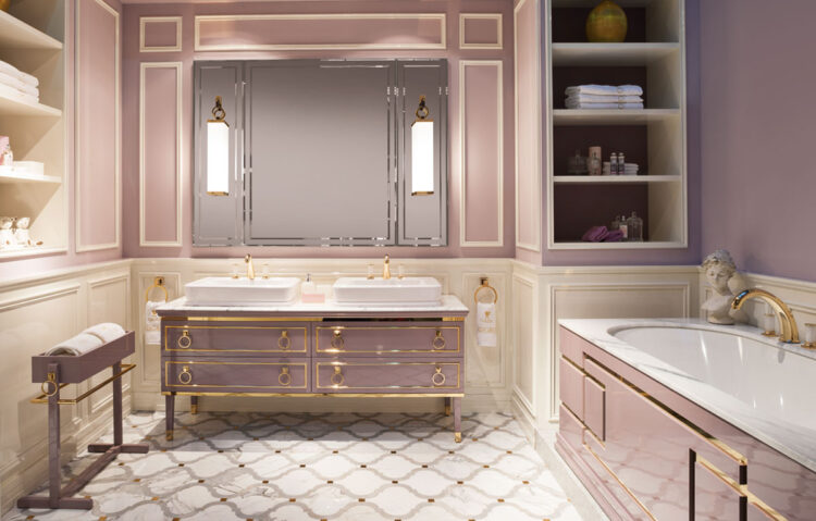 Высокий шкаф Lutetia, отделка Malva, мрамор Calacatta Oro