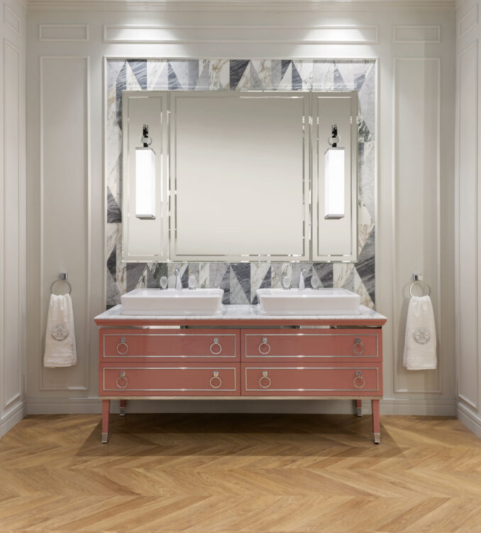 Тумба для ванной Lutetia, отделка Marsala, мрамор Bianco Statuario