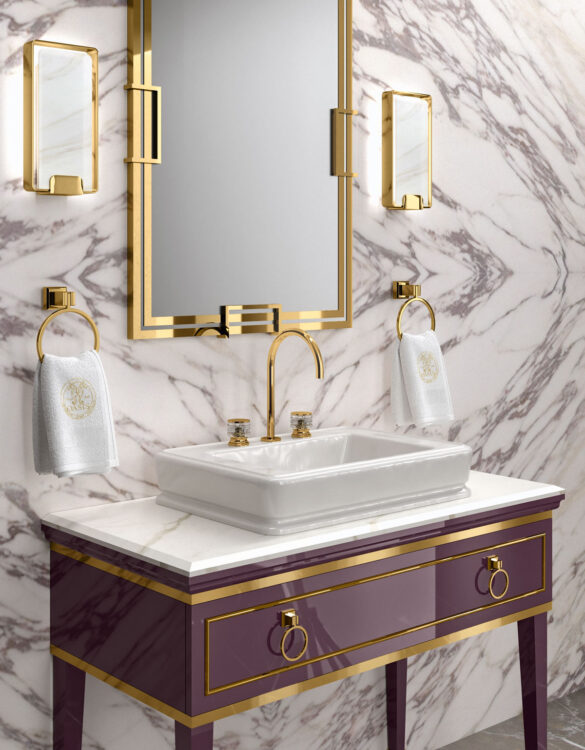 Тумба для ванной Lutetia, отделка Prugna, мрамор Calacatta Oro