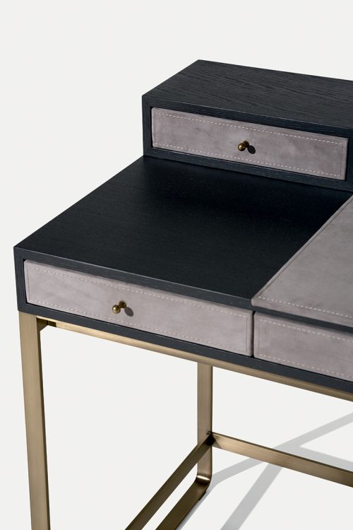 Proust writing desk in Black Oak finish with bronze metal finish details