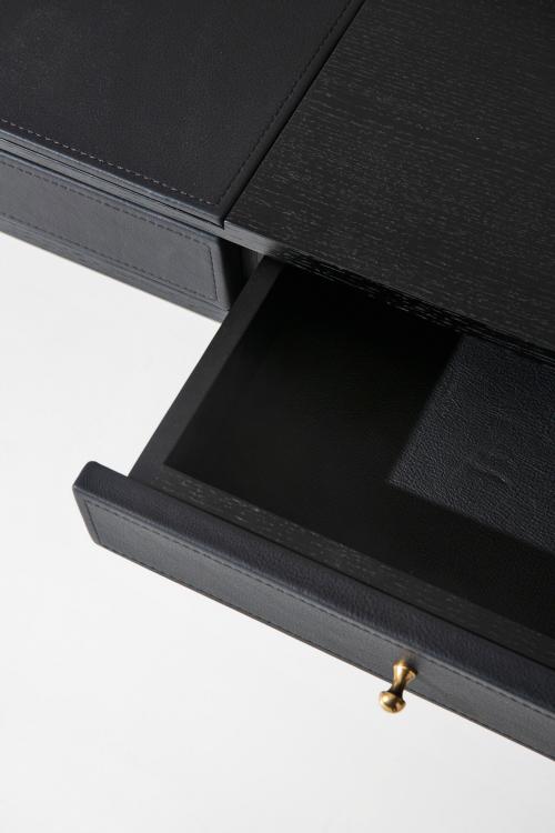 Proust writing desk in Black Oak finish with bronze metal finish details