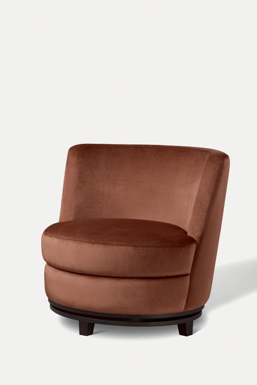 Ava swivel armchair with Moka Oak base and covered in velvet
