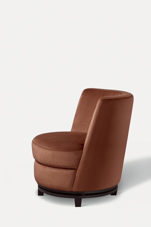 Ava swivel armchair with Moka Oak base and covered in velvet