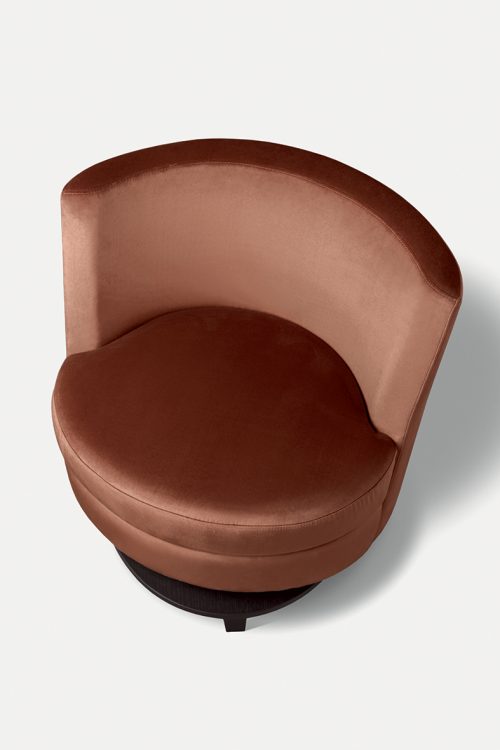 Ava swivel armchair with Moka Oak base and covered in velvet