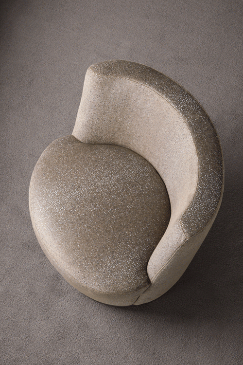 Ava armchair with Moka Oak base and covered in custom fabric