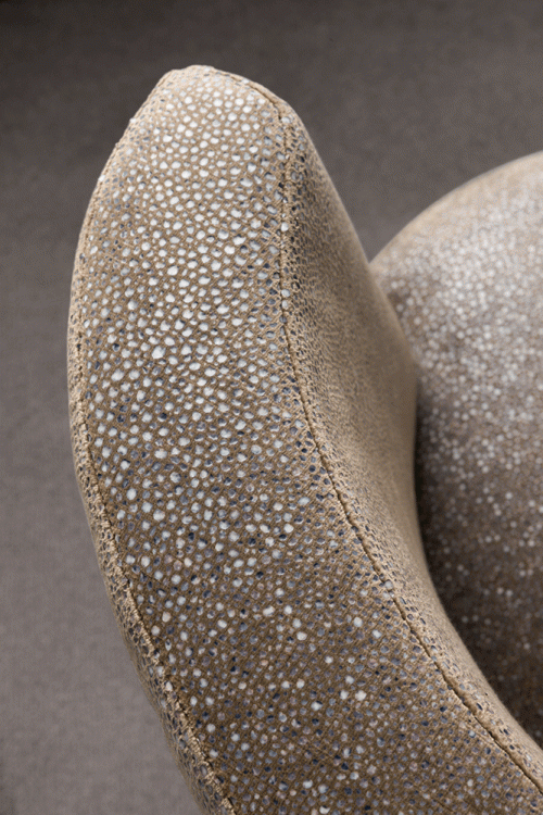 Ava armchair with Moka Oak base and covered in custom fabric