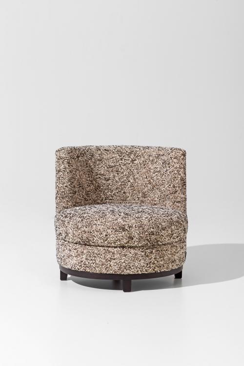 Ava armchair with Moka Oak base and covered in fabric