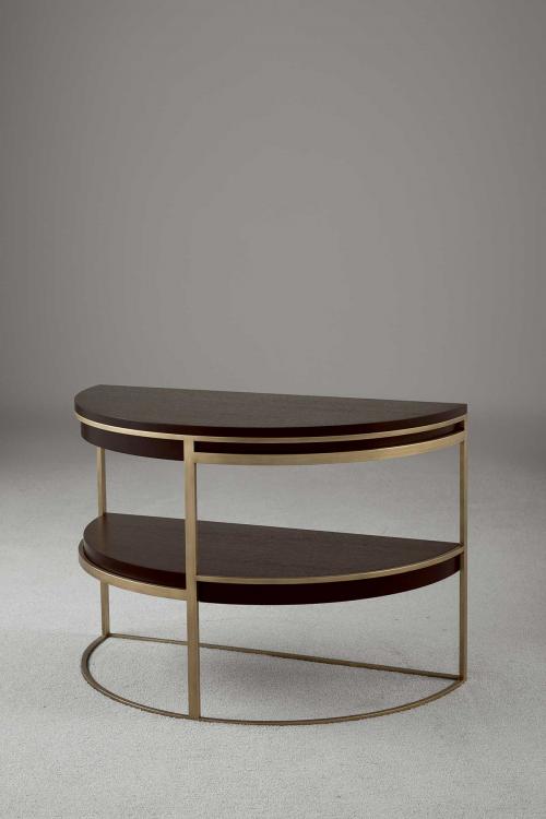 Medea half-moon side table in Moka Oak finish and bronze metal structure