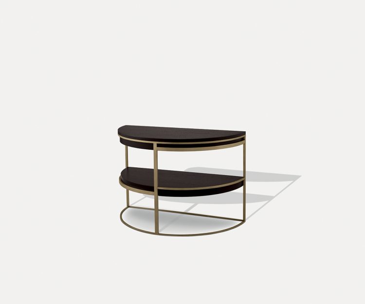 Medea half-moon side table in Moka Oak finish and bronze metal structure