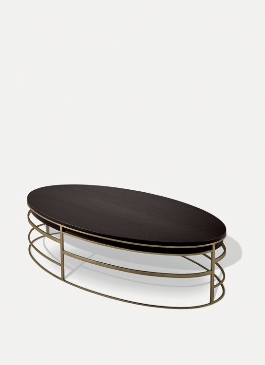 Medea oval table in Moka Oak finish and bronze metal structure
