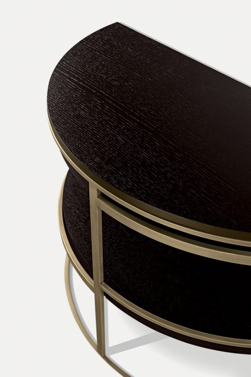 Medea half-moon side table in Moka Oak finish and bronze metal structure