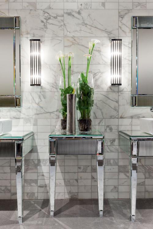 Rialto vanity unit and console, ribbed mirror, countertop washbasin, Venice faucet, Murano 1 wall lamp