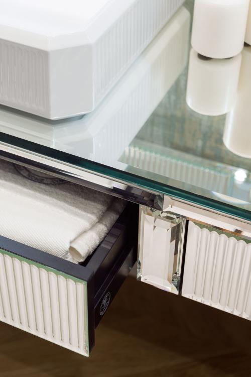 Rialto vanity unit, ribbed mirror finish, countertop washbasin, Fortuny faucet