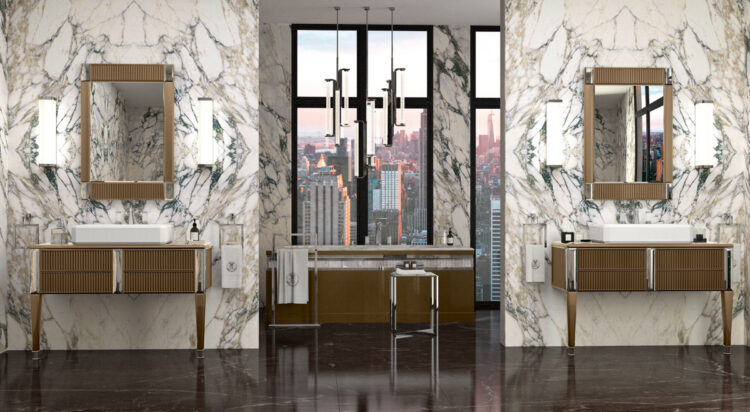 Тумба под раковину и ванна Rialto, рифлёное стекло Gianduia, зеркало