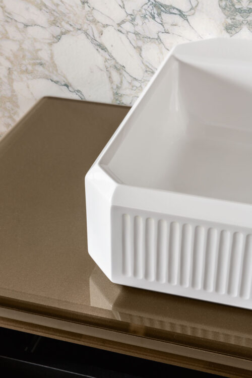 Тумба под раковину Rialto, рифлёное стекло Gianduia, зеркало, накладной умывальник