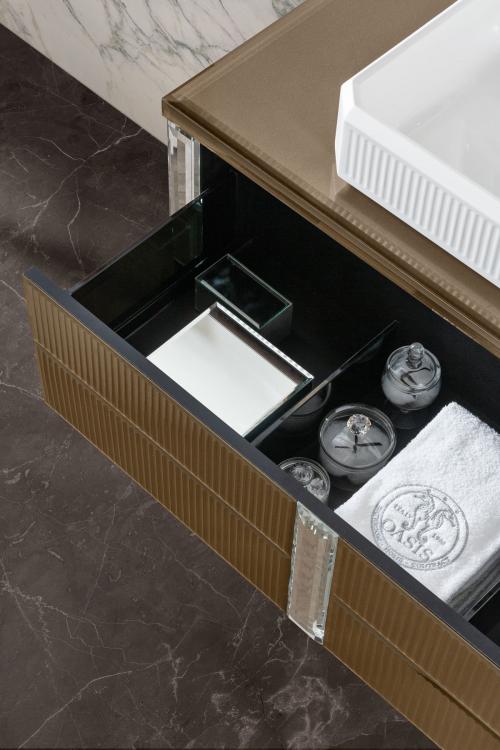 Rialto vanity unit, ribbed Gianduia glass, mirror, countertop washbasin