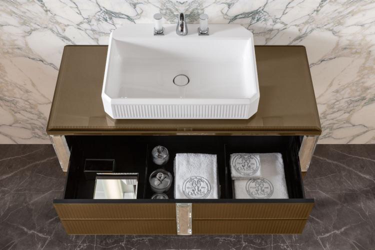 Rialto vanity unit, ribbed Gianduia glass, mirror, countertop washbasin, Fortuny faucet