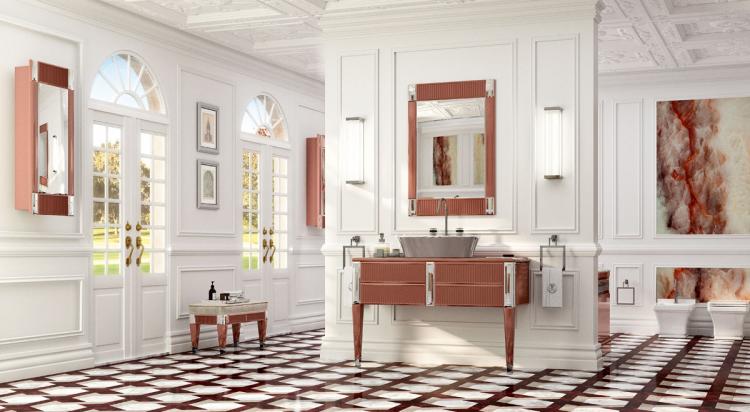 Rialto vanity unit, small bench and wall unit, ribbed Marsala glass, mirror
