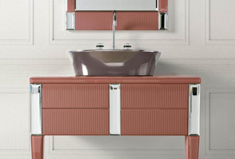 Rialto vanity unit, ribbed Marsala glass, mirror, Calla washbasin, Charlotte faucet