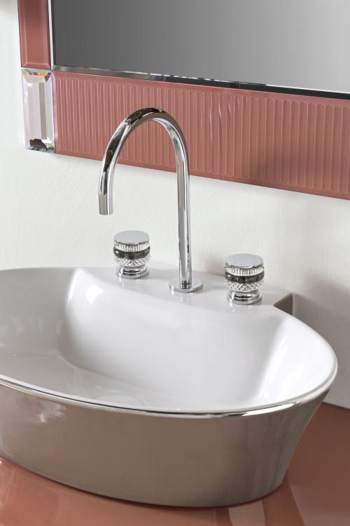 Rialto vanity unit, ribbed Marsala glass, mirror, Calla washbasin, Charlotte faucet