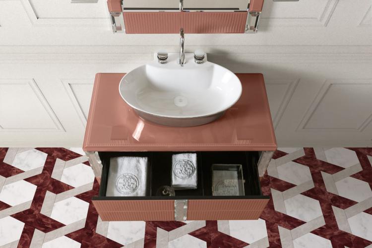 Rialto vanity unit, ribbed Marsala glass, mirror, Calla washbasin, Charlotte faucet