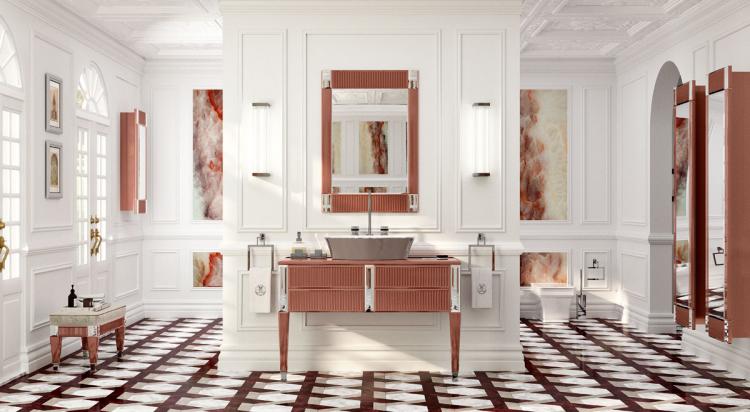 Rialto vanity unit, ribbed Marsala glass, mirror, Calla washbasin, Murano 2 wall lamp