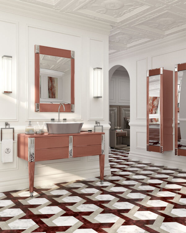 Тумба под раковину, малая скамья, навесной и высокий шкаф Rialto, рифлёное стекло Marsala, зеркало